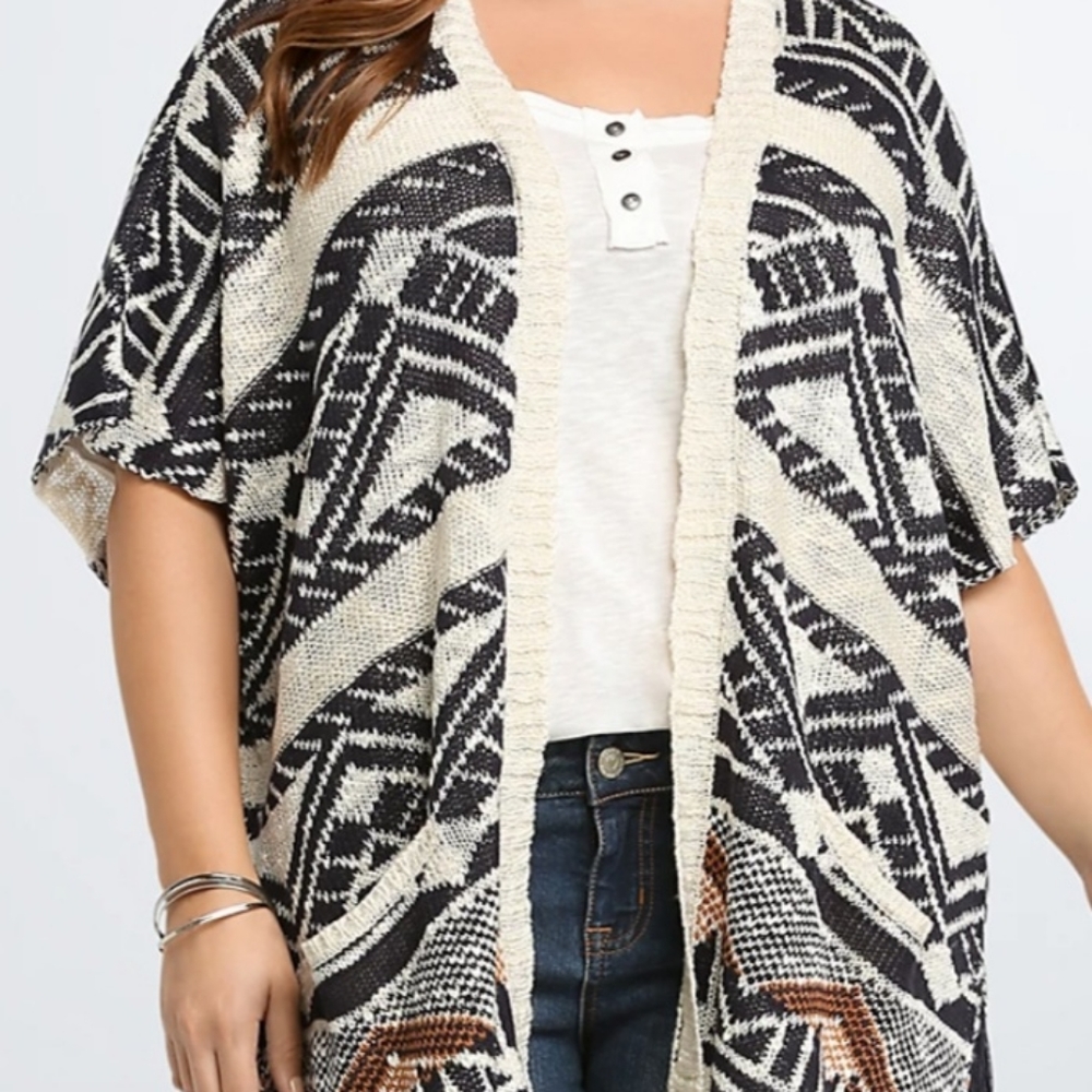 COPY - Torrid Boho  Aztec Open Front Fringe Sweater Kimono